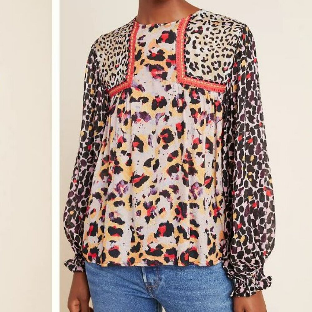 Bl^nk London Anthropologie Joelle Leopard Print Peasant Blouse S NWT